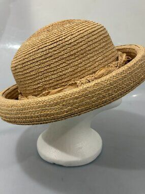Liz Claiborne Natural Woven Straw Bowler Hat One Size Rolled Brim Vintage